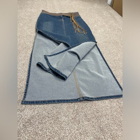 vtg Y2K 00s boho grunge western Bubblegum Long Maxi denim Skirt High Slit 5/6 - Picture 4 of 13